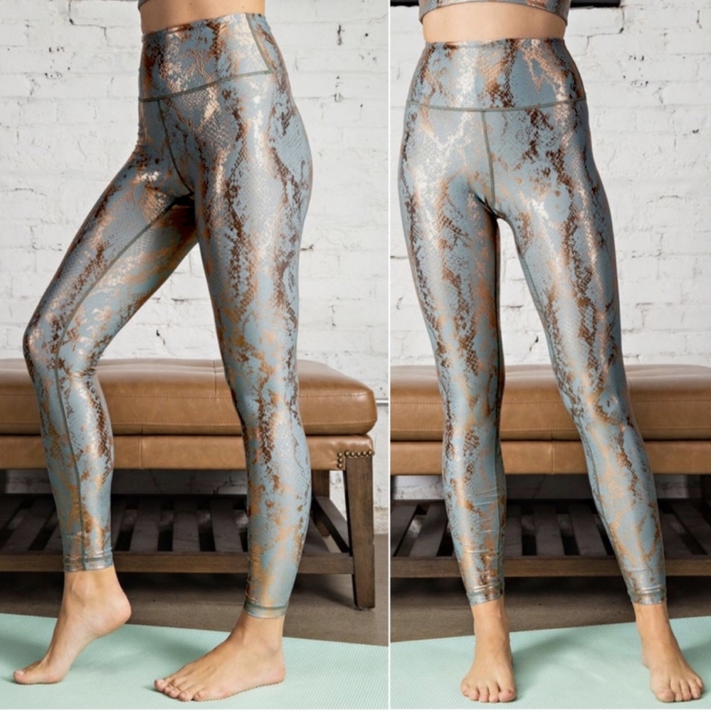 LAST Pair! Stunning Sage & Metallic Copper Snake Print High Waisted Leggings - Picture 3 of 7